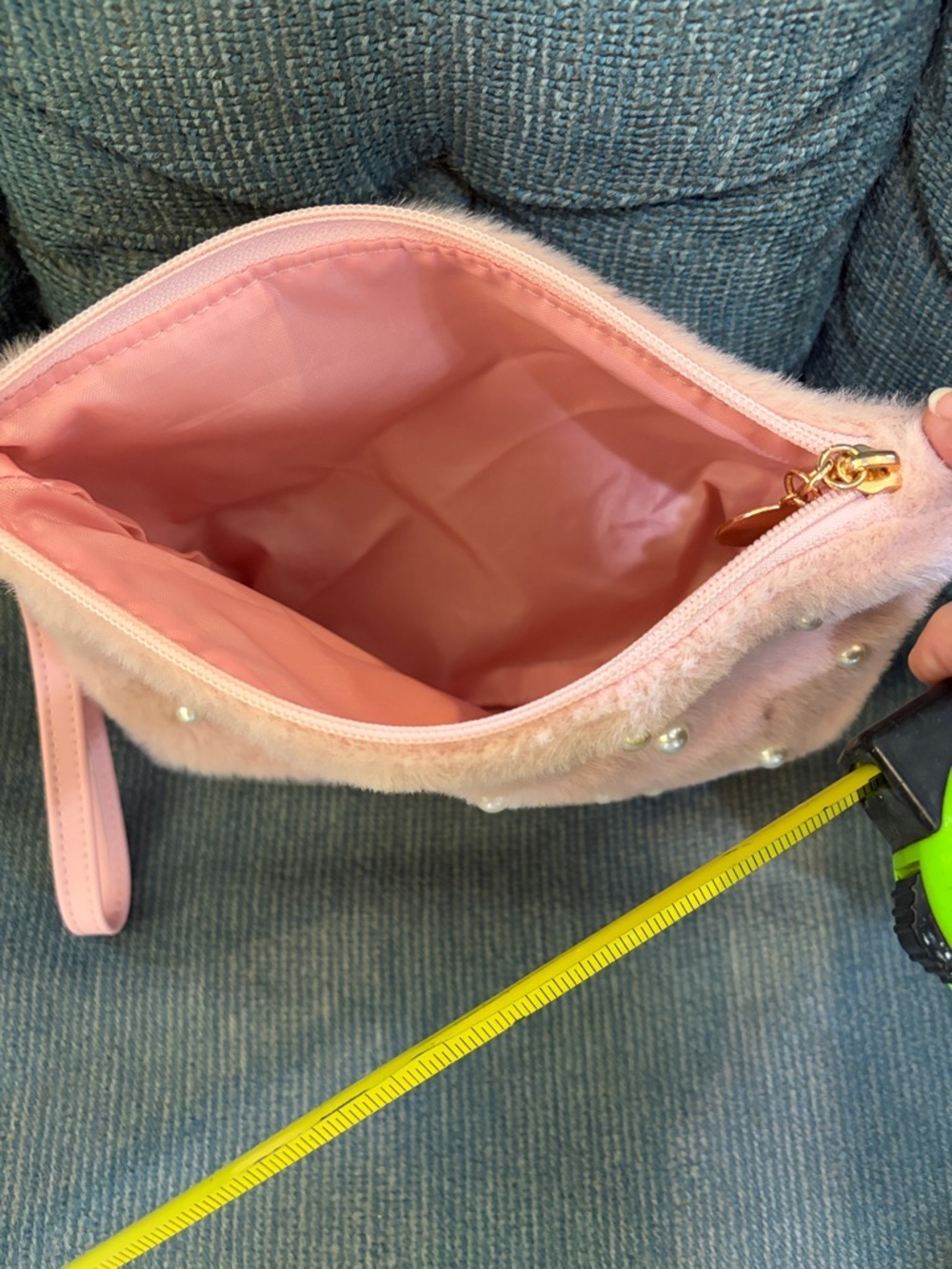 Faux Fur Pearl-Embellished Pink Wristlet Clutch - Picture 3 of 5